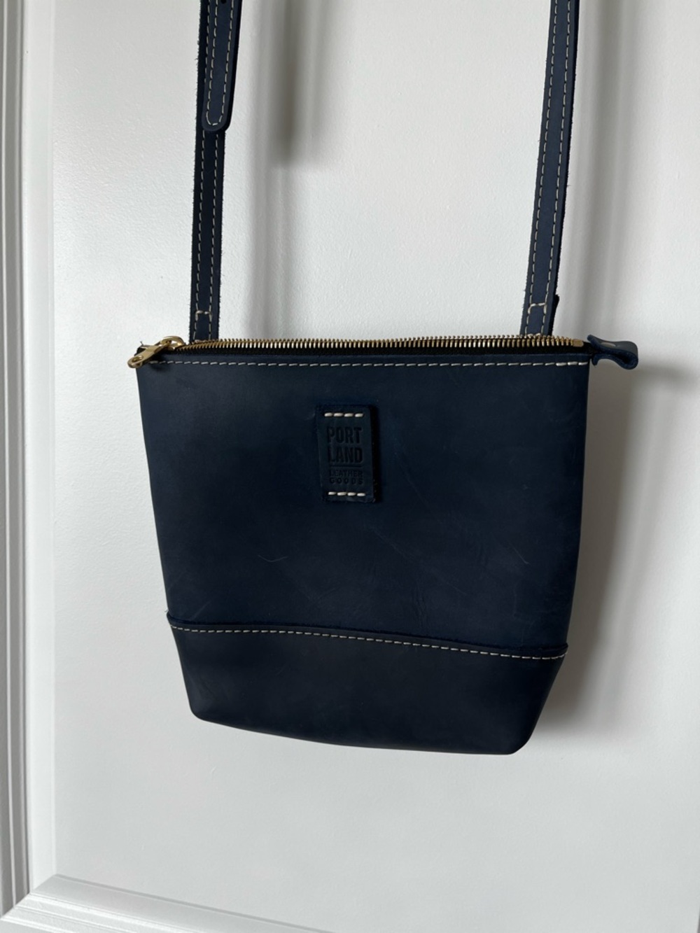 Portland Leather Navy Leather Crossbody with Gold Trim